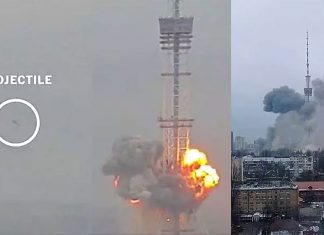 Moscova a bombardat Turnul TV din Kiev, înalt de 385m (video)