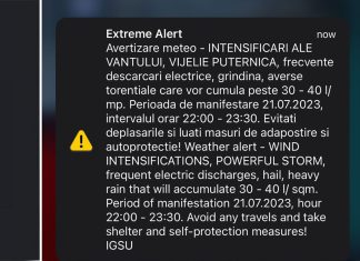 Al doilea mesaj RO-ALERT de alertă extremă trimis în această seară pentru zona metropolitană Timișoara