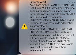 Mesaj RO-ALERT în Timișoara : vânt puternic, vijelie și descărcări electrice
