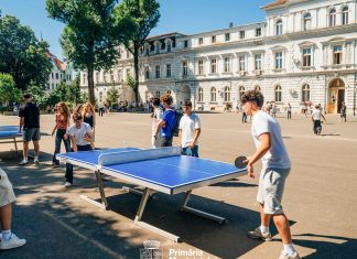 Sport și voie bună în curtea școlii: campionat spontan de ping-pong la Colegiul Național Bănățean